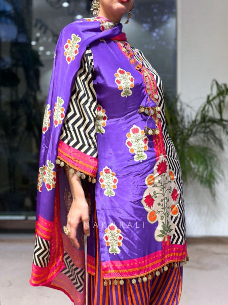Zeenat-e-Ziba Purple Modal Satin Silk Suit Set With Mughal Floral, Chevron & Coin Detail