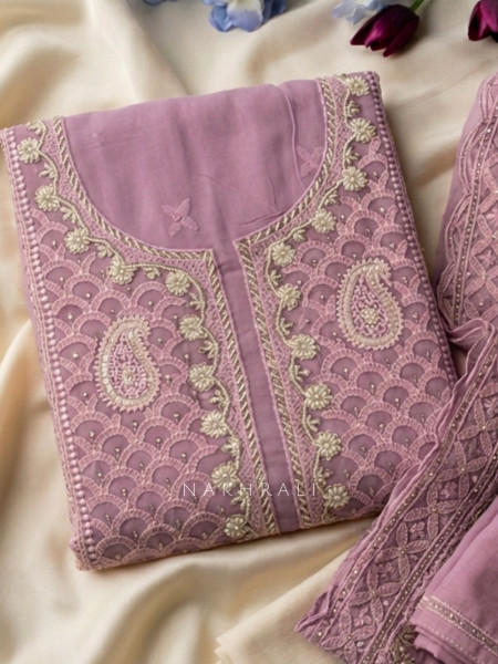 Mridula Purple Dress Material With Embroidered Neckline and Border Detail