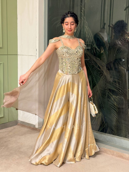 Zareen Golden Corset Palazzo Set with Choker Dupatta