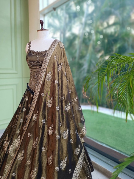 Surmayi Green Mehendi Tissue Silk Indo-Western Lehenga