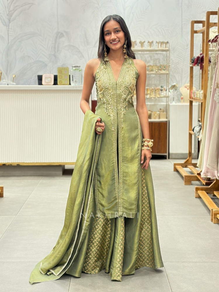 Image of Sylvera Green Indo-Western Palazzo with Sequin and Thread Work