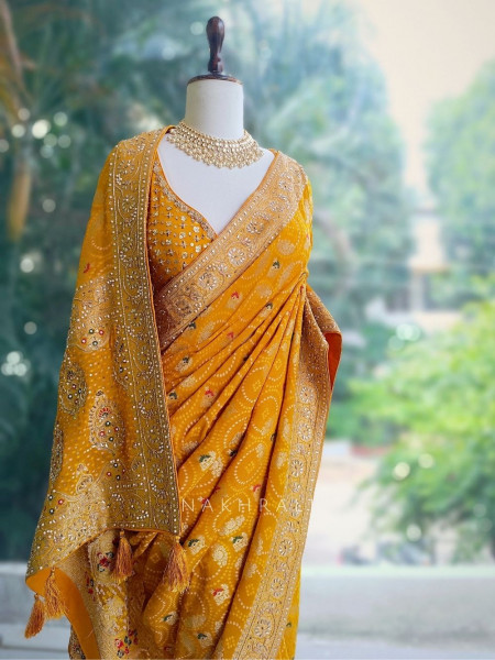 Navya Mustard Khaddi Georgette Bandhani Saree with Sequin & Cut Dana Work