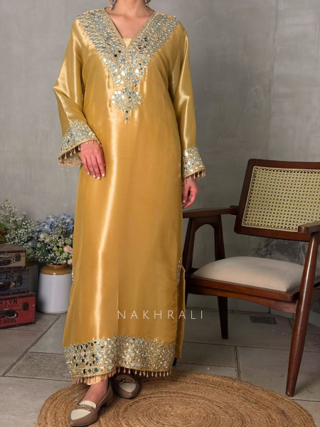 Aks Golden Tissue Suit Set with Mirror Zari Work