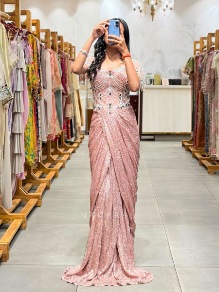 Elyra Pink Embellished Drape Gown with Illusion Bodice