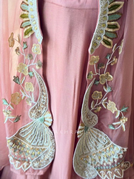 Avelyn Pink Indo-Western Lehenga Set with Embroidered Cape