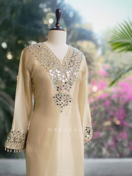 Aks Cream Tissue Suit Set with Mirror Zari Work