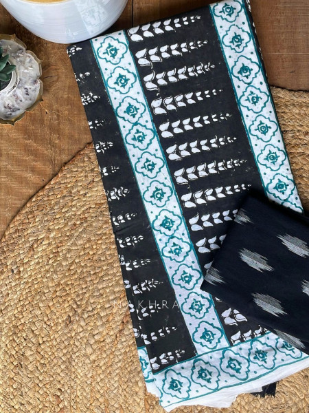 Varnika Black Block Print Saree with Traditional Motifs