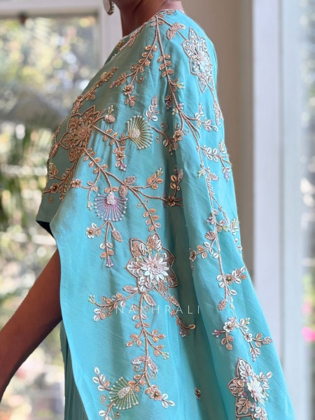 Aeloria Sky Blue One-Shoulder Cape Indo-Western Set