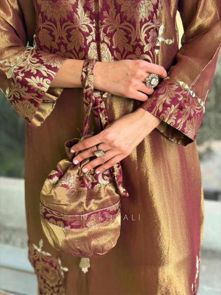 Zeenat Maroon Embroidered Side-Slit Dress with Matching Potli