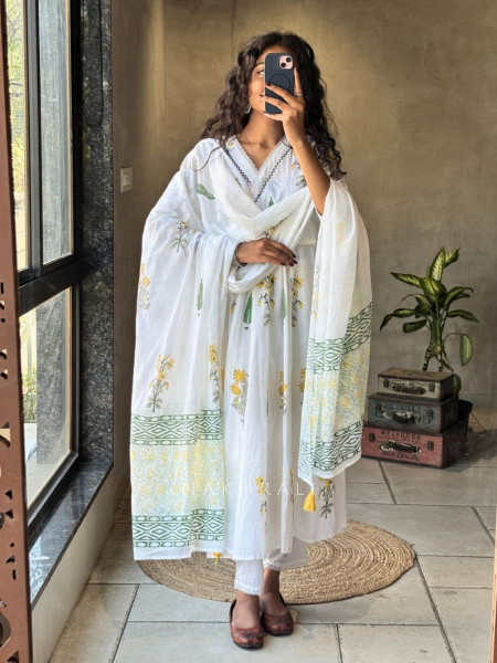 Dewdrop White Cotton Anarkali Suit Set with Floral Print