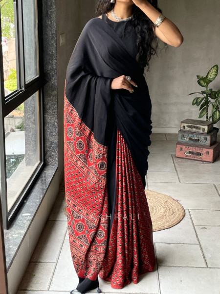 Kairav Red Black Modal Block Print  Saree