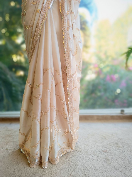 Warm Allure Beige Tissue Saree with Sequin and Cut Dana Work