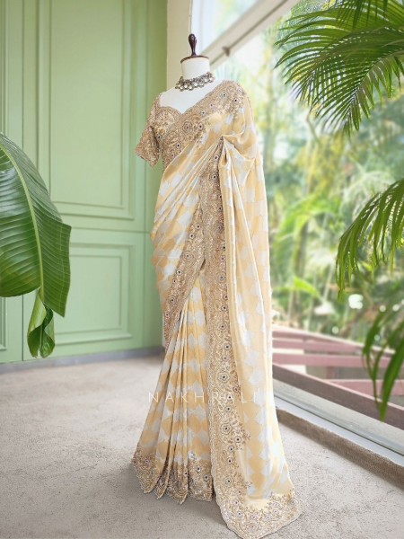 Avadhira Cream Saree with Cut Dana, Beads and Sequin Work