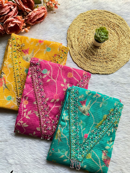 Anvika Yellow Embroidered Neckline Dress Material Set