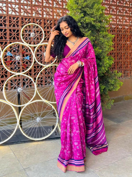 Virel Wine Floral Block Print Saree