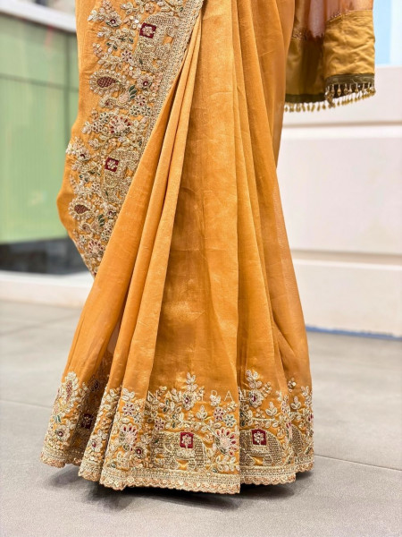 Ritvansh Mustard Saree with Embroidery and Readymade Embroidered Blouse