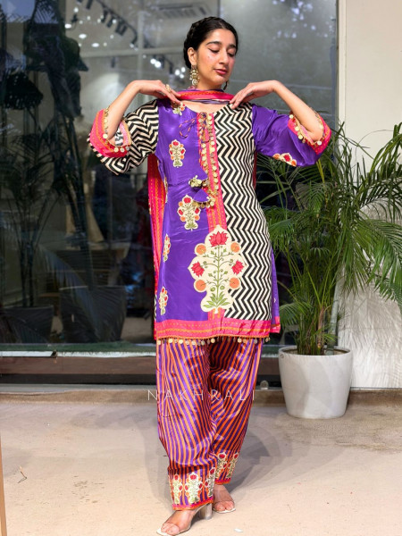 Zeenat-e-Ziba Purple Modal Satin Silk Suit Set With Mughal Floral, Chevron & Coin Detail