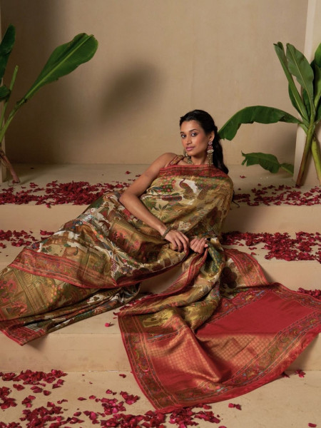 Regal Wilderness Beige Dola Silk Saree with Peacock & Forest Weave