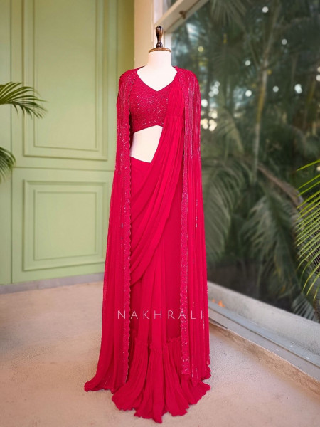Serenara Red Drape Saree with Embellished Cape