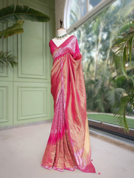Tarkash Loom Magenta Banarasi Chiniya Silk Saree with Ombre Zari Weaving & Temple Border