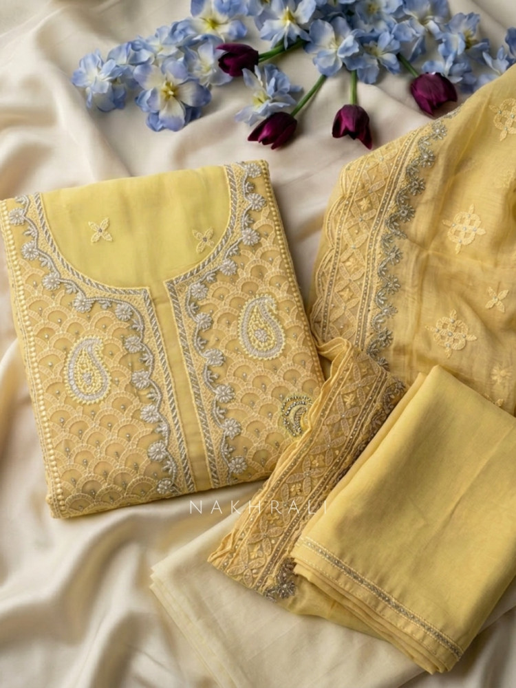 Image of Mridula Yellow Dress Material With Embroidered Neckline and Border Detail