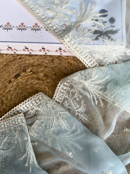 Flora Vine Firozi Embroidered Dress Material Set