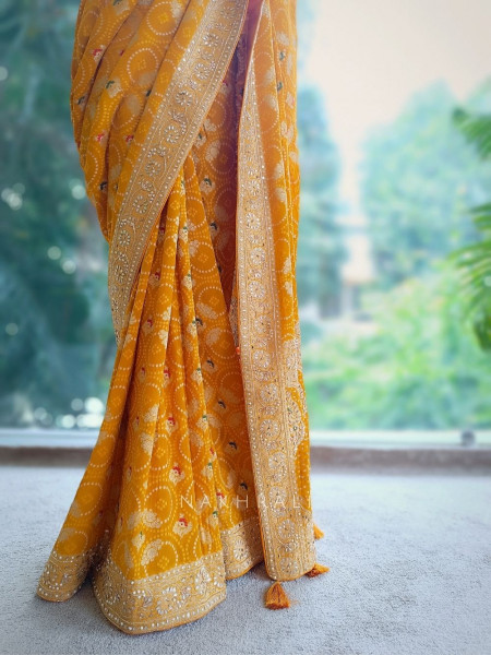 Navya Mustard Khaddi Georgette Bandhani Saree with Sequin & Cut Dana Work
