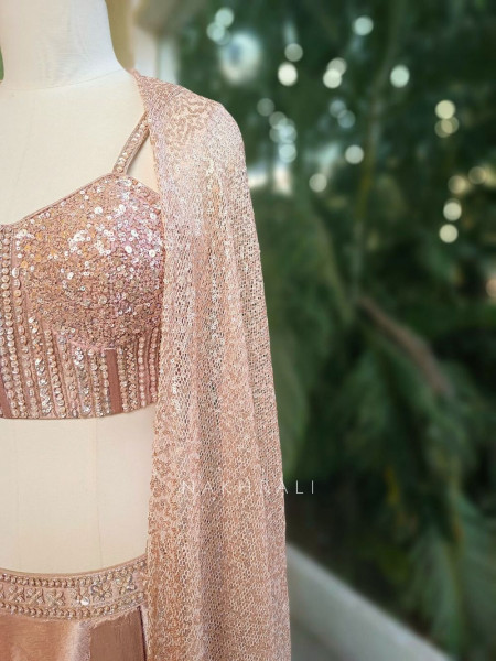 Roséveil Pink Corset Skirt Set with Sequin Work and Cape Shrug