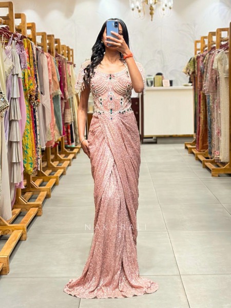 Elyra Pink Embellished Drape Gown with Illusion Bodice