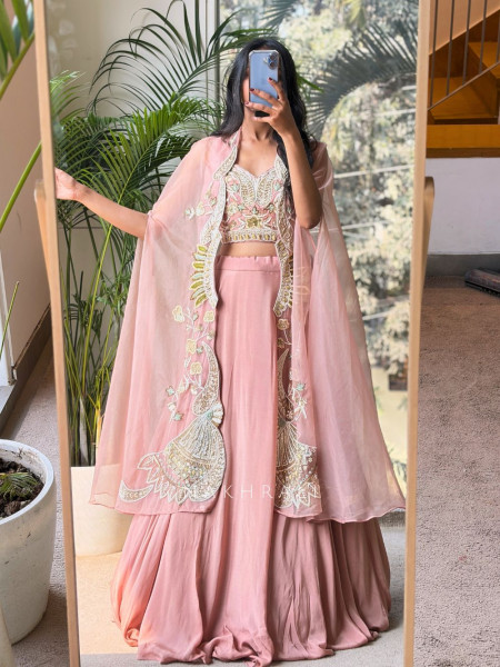 Avelyn Pink Indo-Western Lehenga Set with Embroidered Cape