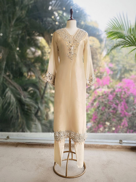 Aks Cream Tissue Suit Set with Mirror Zari Work