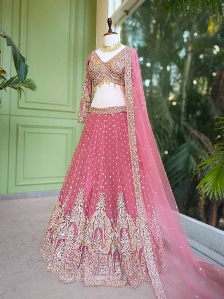 Rivasha Pink Embroidered Bridal Lehenga with Sequin and Bead Work