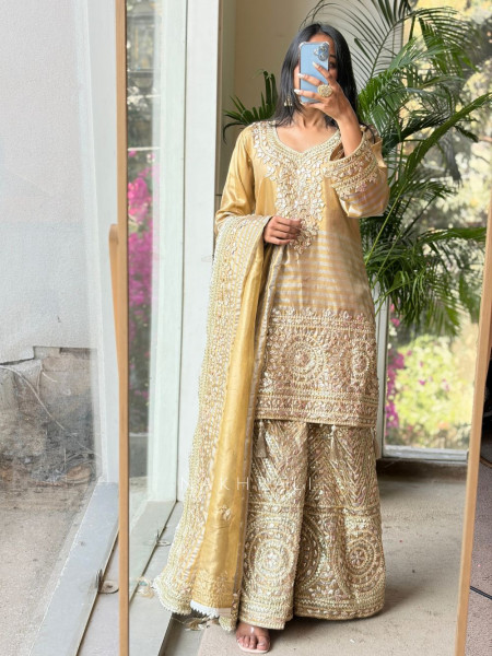 Suhasini Gold Kurta Palazzo Set with Zari Stone Work