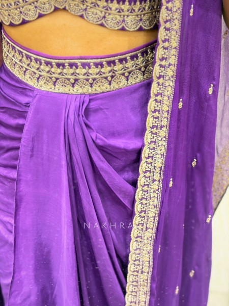 Ruvica Purple Indo Western Draped Set with Embroidery Work