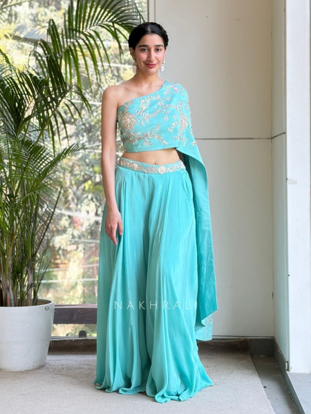 Aeloria Sky Blue One-Shoulder Cape Indo-Western Set