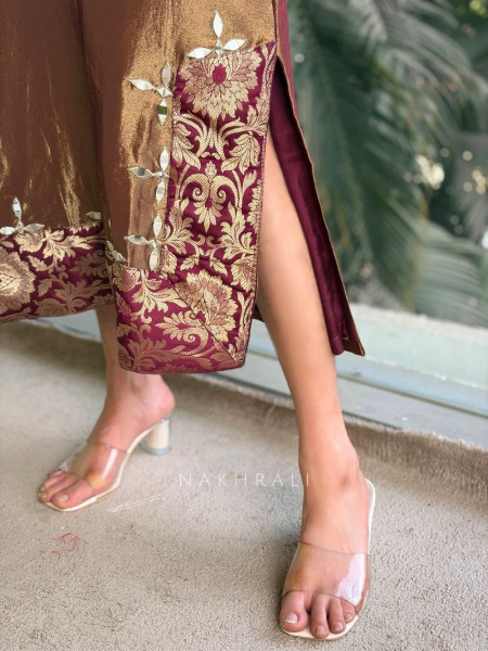 Zeenat Maroon Embroidered Side-Slit Dress with Matching Potli