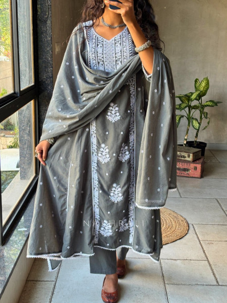 Saesha Grey Chikankari Kurta Set with Dupatta