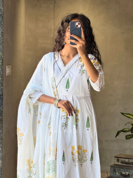 Dewdrop White Cotton Anarkali Suit Set with Floral Print