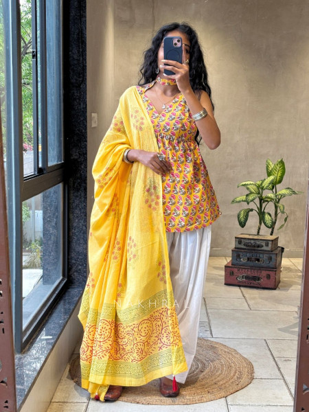 Sunbloom Yellow Cotton Printed Kurta Set with Dhoti Pants and Dupatta