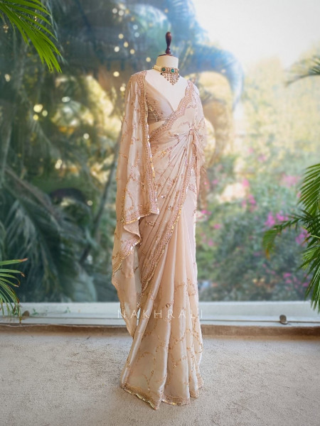 Warm Allure Beige Tissue Saree with Sequin and Cut Dana Work