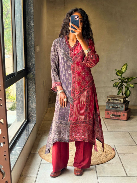 Kairen Maroon Chinon Kurta Set with Dual Panel Print and Mirror Work