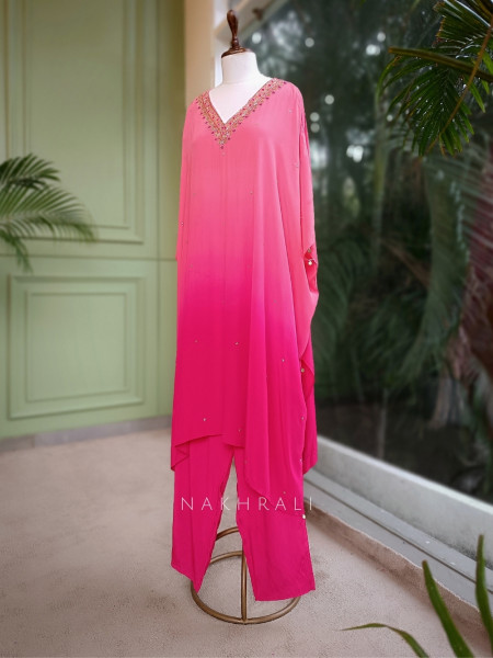 Gulabi Glow Magenta Kaftan Set with Thread and Cutdana Work