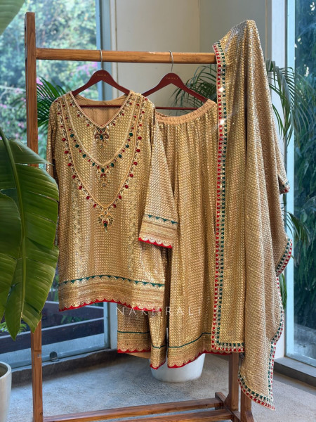 Noorqash Golden Sequin Palazzo Suit Set with Stone Work