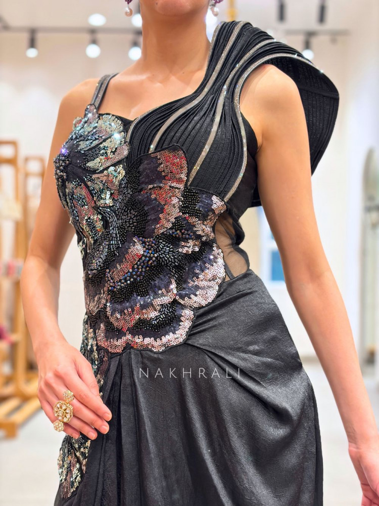 Image of Obsidian Black Premium Metallic Lycra / Shimmer Satin-Poly Blend Drape Gown