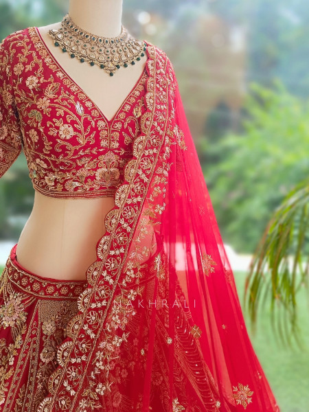 Vermillion Red Silk Velvet Bridal Lehenga With Zardozi, Dabka & Doli Motif Work