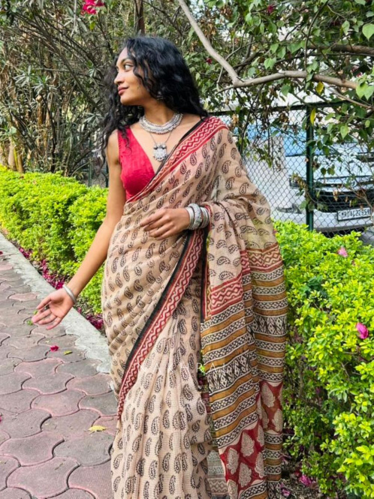 Image of Koshika Beige Handblock Print Saree
