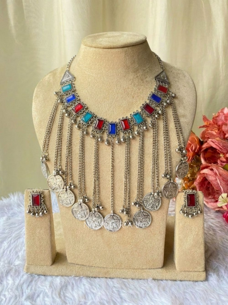 Image of Bellamy Multicolor Oxidised Coin Necklace Set with Earrings