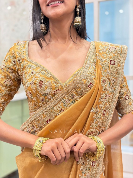 Ritvansh Mustard Saree with Embroidery and Readymade Embroidered Blouse