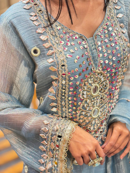 Aisha Powder Blue Tissue Suit Set with Mirror and Gota Patti Work