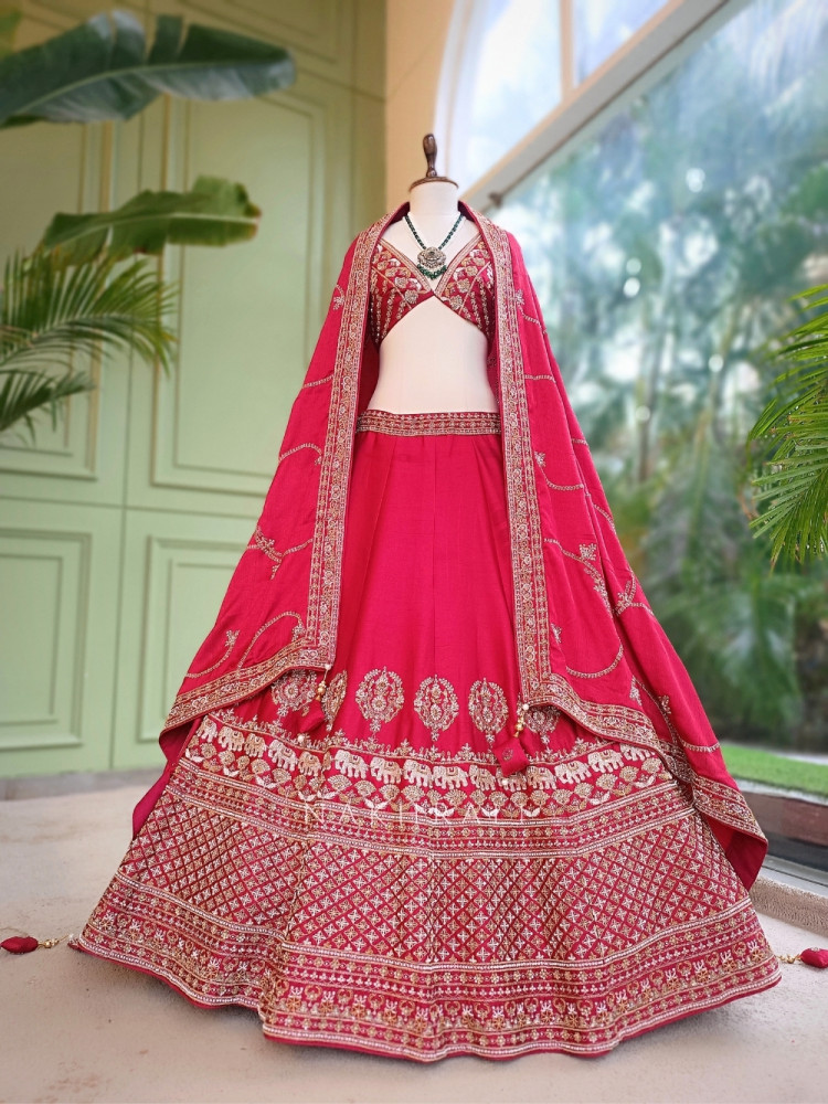 Image of Gul-E-Rani Crimson Red Heritage Raw Silk Bridal Lehenga Set